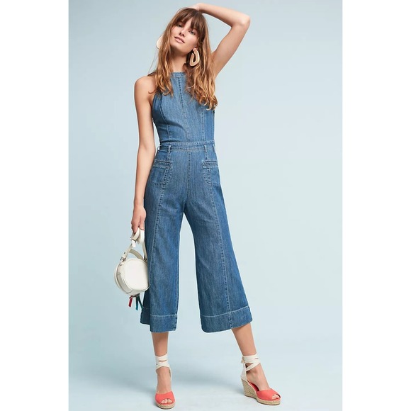 Pilcro and the Letterpress Pants - Pilcro Chambray Femme Denim Halter Wide Leg Jumpsuit Retro Blue Women Size 8